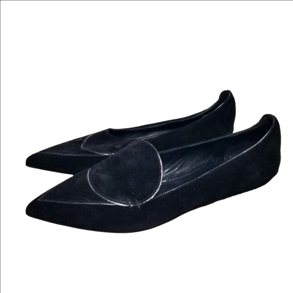 M. GEMI Pointed Toe Patent Leather Silver Flat Loafers Black Italy Size 39.5/ 9